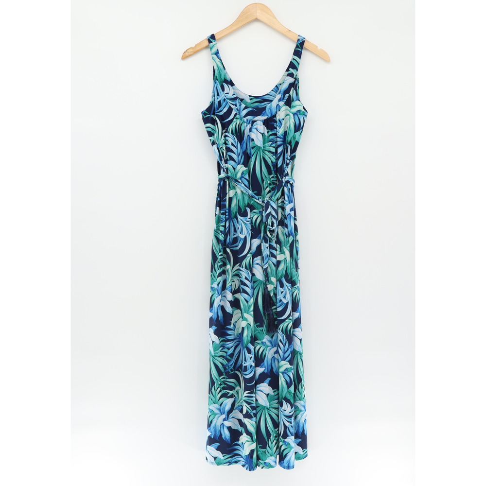 Tommy Bahama Sz S Tropical Leaves Maxi Dress Blue Sleeveless Stretch Belt - Picture 2 of 5
